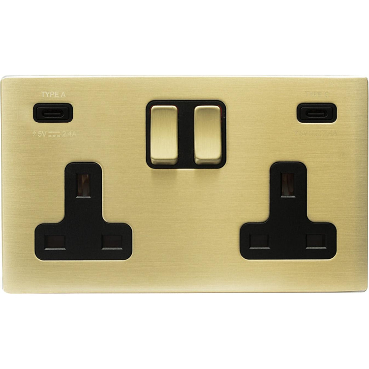 Hamilton 72CSS2USBA+CSB-B Hartland CFX Satin Brass 2 gang 13A Double Pole Switched Socket with 1 USB + 1 USB Type C Outlet 2x2.4A Satin Brass/Black