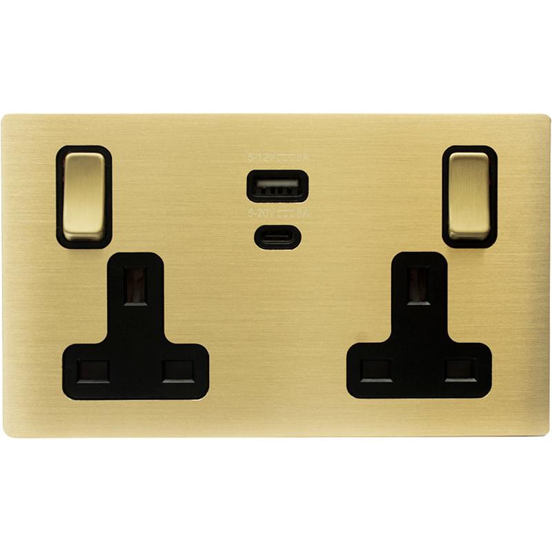 Hamilton 72CSS2USBPDSB-B Hartland CFX Satin Brass 2 gang 13A Single Pole Switched Socket with 45W Type A&C Quick Charge and Power Delivery Satin Brass/Black