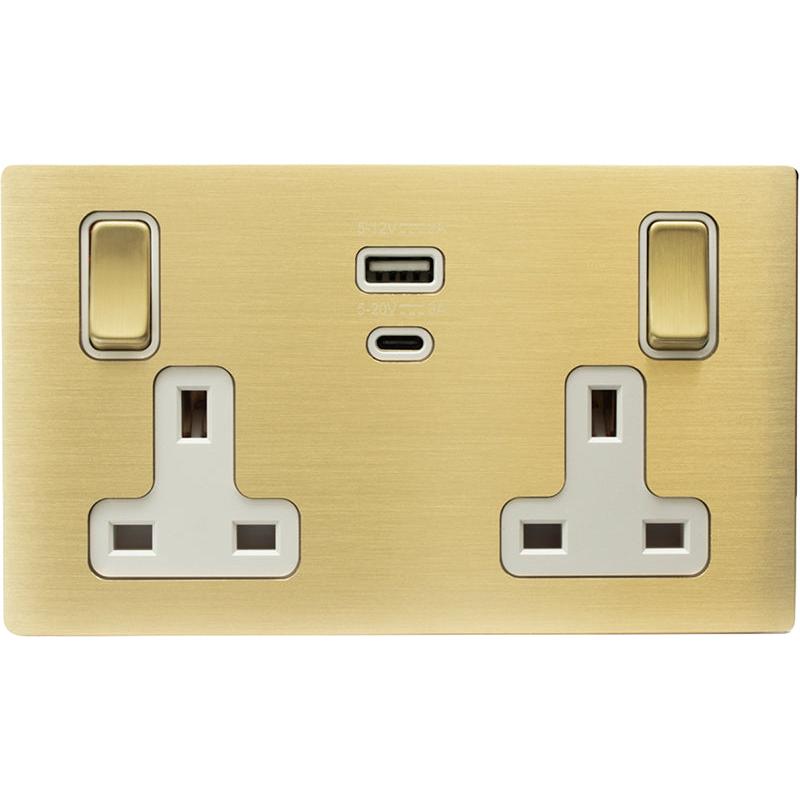 Hamilton 72CSS2USBPDSB-W Hartland CFX Satin Brass 2 gang 13A Single Pole Switched Socket with 45W Type A&C Quick Charge and Power Delivery Satin Brass/White
