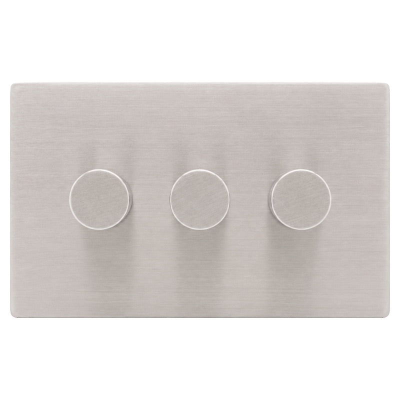 Hamilton 74C3XLEDITB250-3 Hartland CFX Satin Steel Effect 3g 250W LED 2 Way Push On/Off Rotary Dimmer Satin Steel per gang c/w SS 3Line Knob