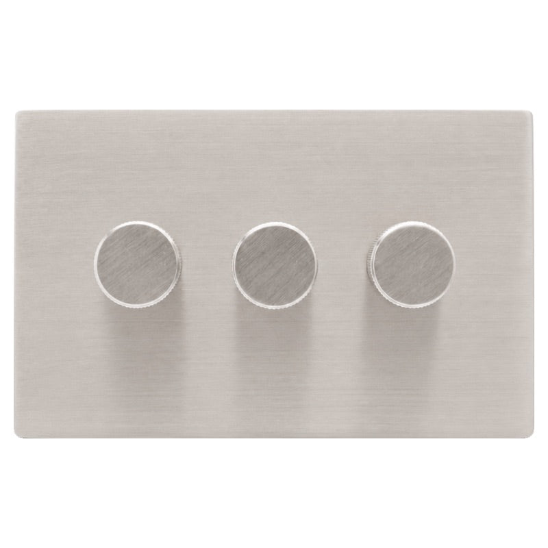 Hamilton 74C3XLEDITB250-K Hartland CFX Satin Steel Effect 3g 250W LED 2 Way Push On/Off Rotary Dimmer Satin Steel per gang c/w SS Knurled Knob