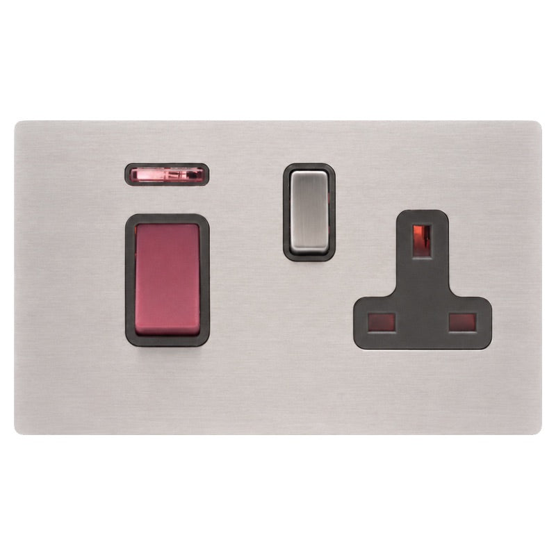 Hamilton 74C45SS1SS-B Hartland CFX Satin Steel Effect 45A Double Pole Rocker + Neon + 13A Switched Socket Red+Satin Steel/Black