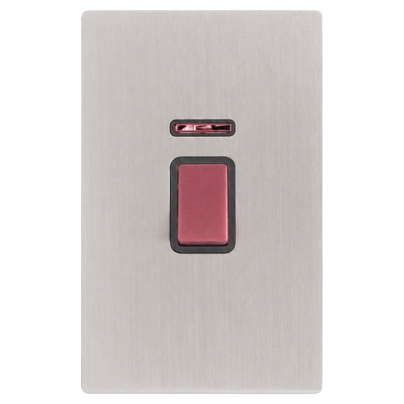 Hamilton 74C45VQG Hartland CFX Satin Steel Effect 1 gang 45A Double Pole Rocker and Neon (Vertically Mounted) Red/Quartz Grey