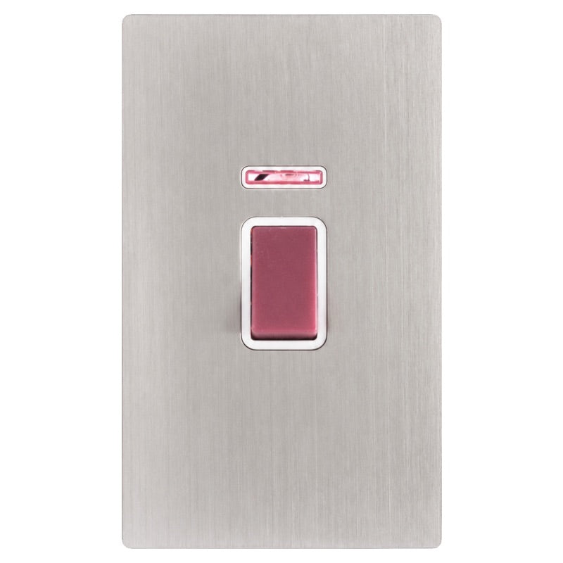 Hamilton 74C45VW Hartland CFX Satin Steel Effect 1 gang 45A Double Pole Rocker and Neon (Vertically Mounted) Red/White