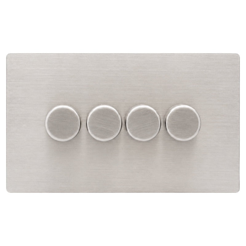 Hamilton 74C4XLEDITB250-C Hartland CFX Satin Steel Effect 4g 250W LED 2 Way Push On/Off Rotary Dimmer Satin Steel per gang c/w SS Classic Knob
