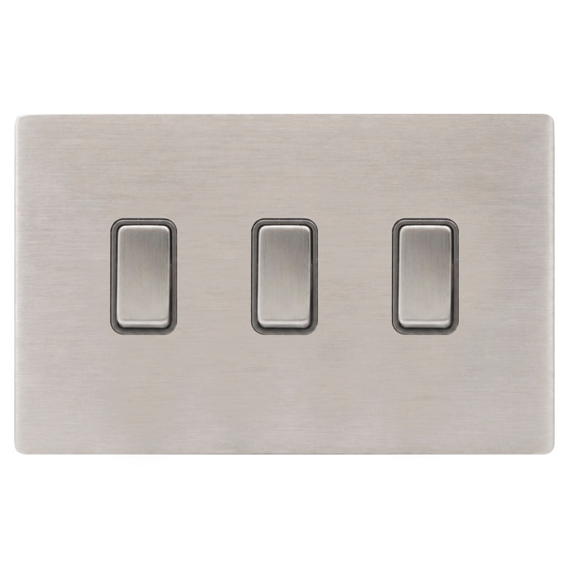 Hamilton 74CR232SS-QG Hartland CFX Satin Steel Effect 3 gang 20AX 2 Way FL Rocker Satin Steel/Quartz Grey