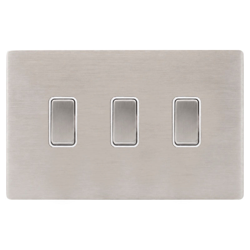 Hamilton 74CR232SS-W Hartland CFX Satin Steel Effect 3 gang 20AX 2 Way Rocker Satin Steel/White