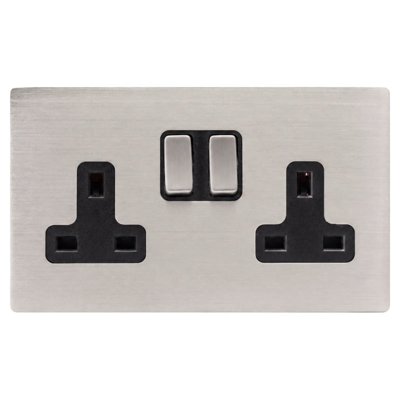 Hamilton 74CSS2SS-B Hartland CFX Satin Steel Effect 2 gang 13A Double Pole Switched Socket Satin Steel/Black