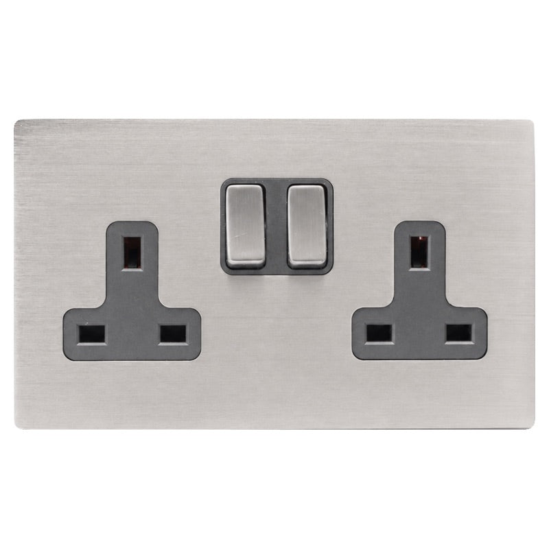 Hamilton 74CSS2SS-QG Hartland CFX Satin Steel Effect 2 gang 13A Double Pole Switched Socket Satin Steel/Quartz Grey