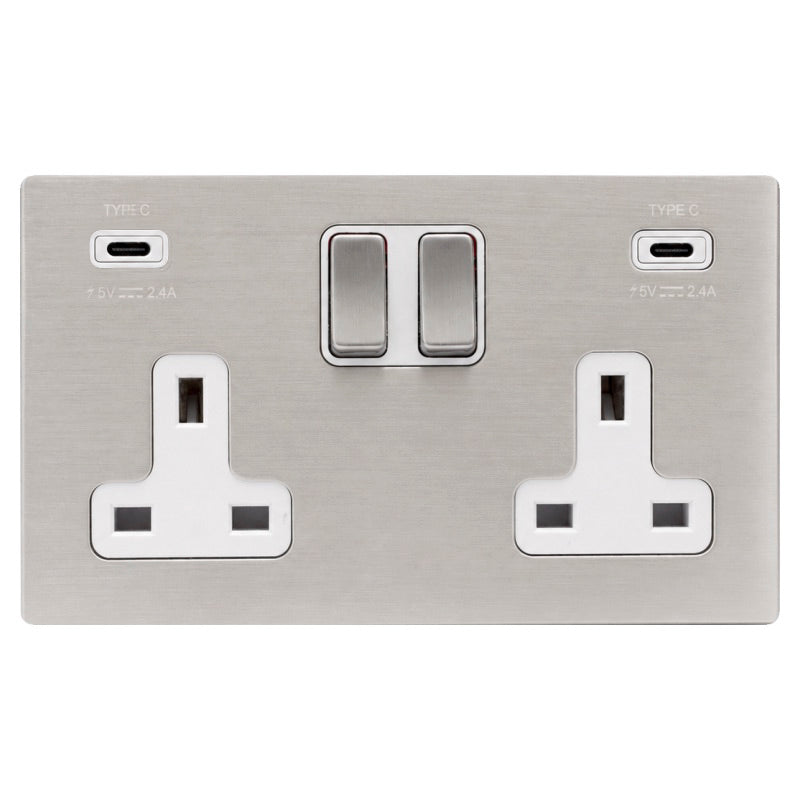 Hamilton 74CSS2USBC+CSS-W Hartland CFX Satin Steel Effect 2 gang 13A Double Pole Switched Socket with 2 x USB Type C Outlets 2 X 2.4A (4.8A Total) Satin Steel/White