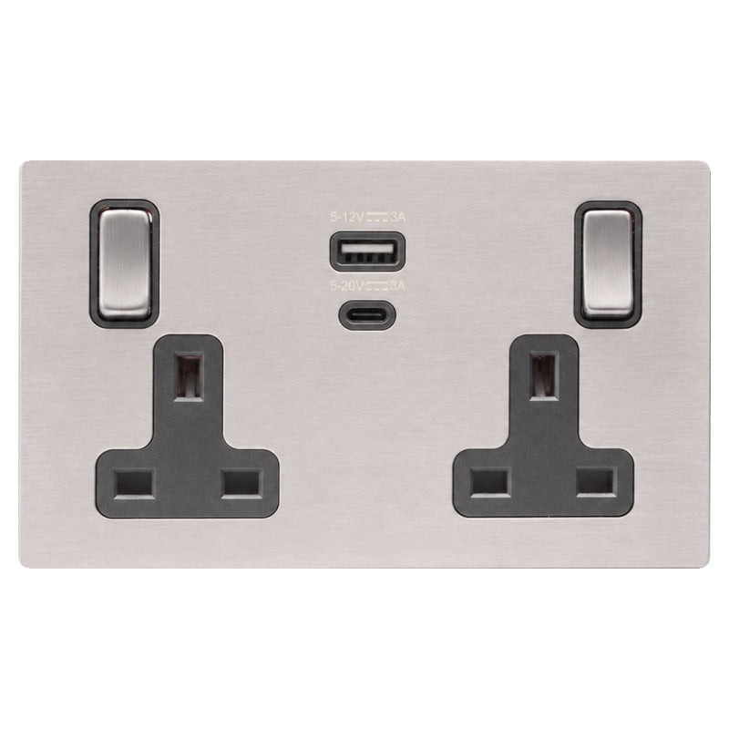 Hamilton 74CSS2USBPDSS-QG Hartland CFX Satin Steel Effect 2 gang 13A Single Pole Switched Socket with 45W Type A&C Quick Charge and Power Delivery Satin Steel/Quartz Grey
