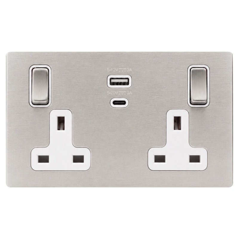 Hamilton 74CSS2USBPDSS-W Hartland CFX Satin Steel Effect 2 gang 13A Single Pole Switched Socket with 45W Type A&C Quick Charge and Power Delivery Satin Steel/White