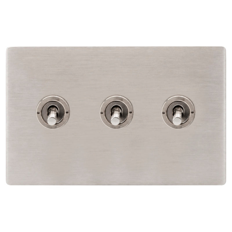 Hamilton 74CT23-3 Hartland CFX Satin Steel Effect 3 gang 20AX 2 Way Toggle Satin Steel c/w SS 3Line Toggle