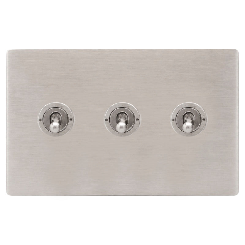 Hamilton 74CT23-C Hartland CFX Satin Steel Effect 3 gang 20AX 2 Way Toggle Satin Steel c/w SS Classic Toggle