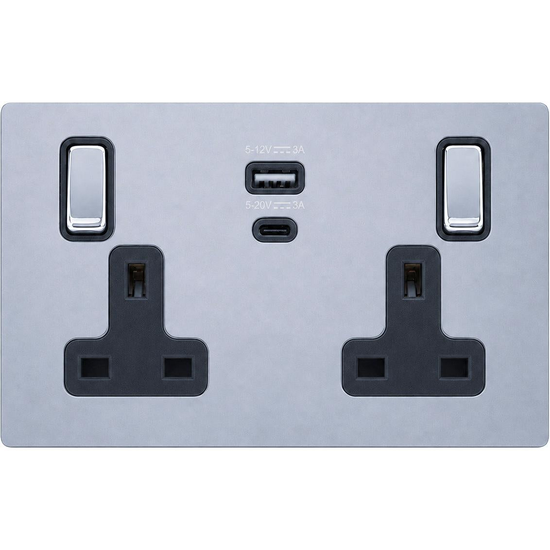Hamilton 77CSS2USBPDBC-B Hartland CFX Bright Chrome 2 gang 13A Single Pole Switched Socket with 45W Type A&C Quick Charge and Power Delivery Bright Chrome/Black