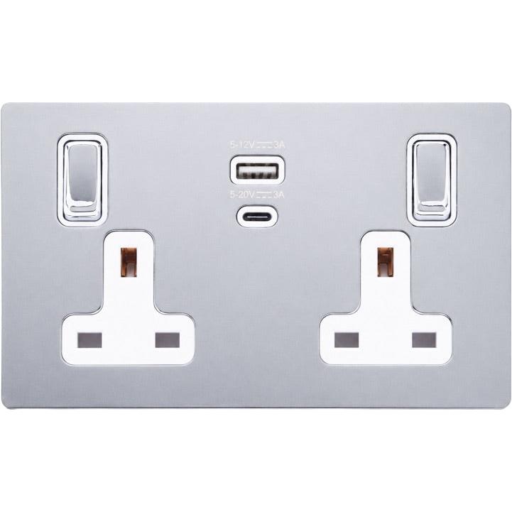 Hamilton 77CSS2USBPDBC-W Hartland CFX Bright Chrome 2 gang 13A Single Pole Switched Socket with 45W Type A&C Quick Charge and Power Delivery Bright Chrome/White