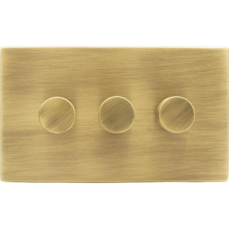 Hamilton 79C3XLEDITB250-3 Hartland CFX Antique Brass 3g 250W LED 2 Way Push On/Off Rotary Dimmer Antique Brass per gang c/w AB 3Line Knob