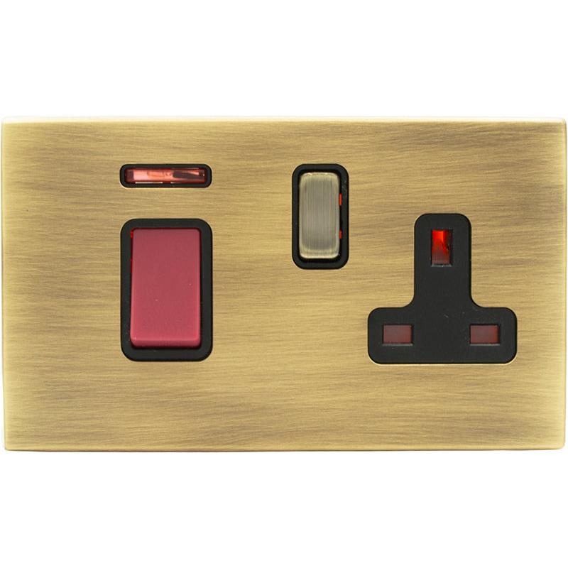 Hamilton 79C45SS1AB-B Hartland CFX Antique Brass 45A Double Pole Rocker + Neon + 13A Switched Socket Red+Antique Brass/Black
