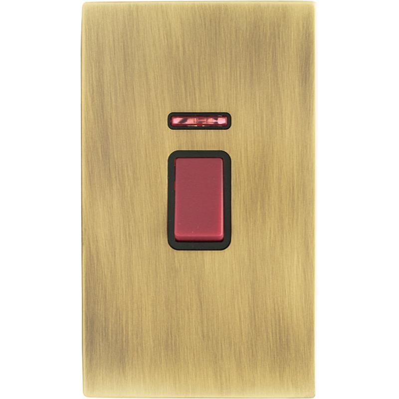 Hamilton 79C45VB Hartland CFX Antique Brass 1 gang 45A Double Pole Rocker and Neon (Vertically Mounted) Red/Black
