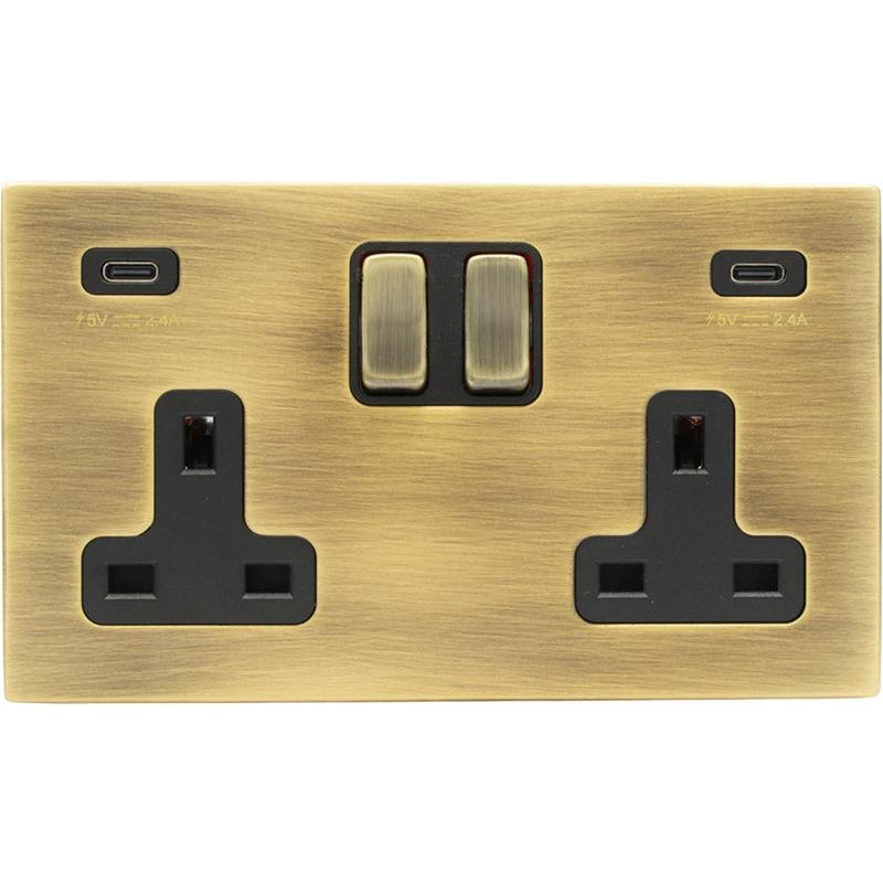 Hamilton 79CSS2USBC+CAB-B Hartland CFX Antique Brass 2 gang 13A Double Pole Switched Socket with 2 x USB Type C Outlets 2 X 2.4A (4.8A Total) Antique Brass/Black