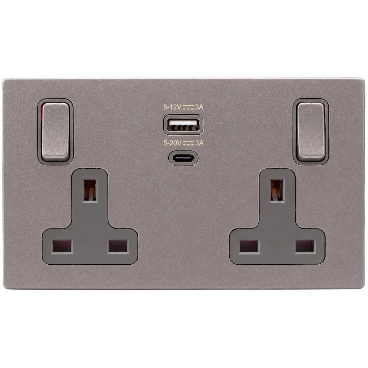 Hamilton 7BGCSS2USBPDBG-QG Hartland CFX Basalt Gray 2 gang 13A Single Pole Switched Socket with 45W Type A&C Quick Charge and Power Delivery Basalt Gray/Quartz Grey