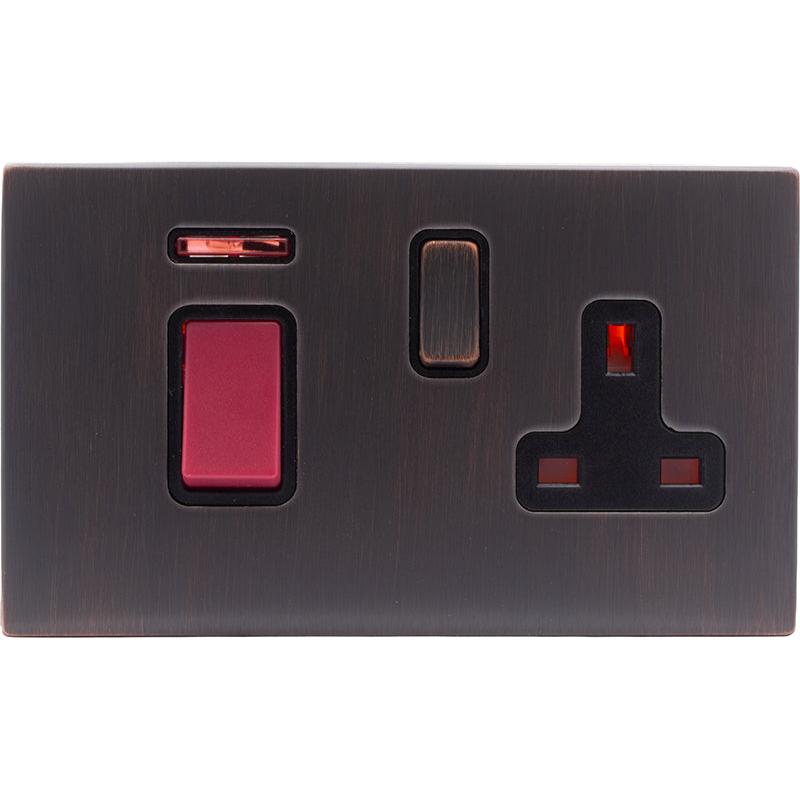 Hamilton 7EBC45SS1EB-B Hartland CFX Etrium Bronze 45A Double Pole Rocker + Neon + 13A Switched Socket Red+Etrium Bronze/Black