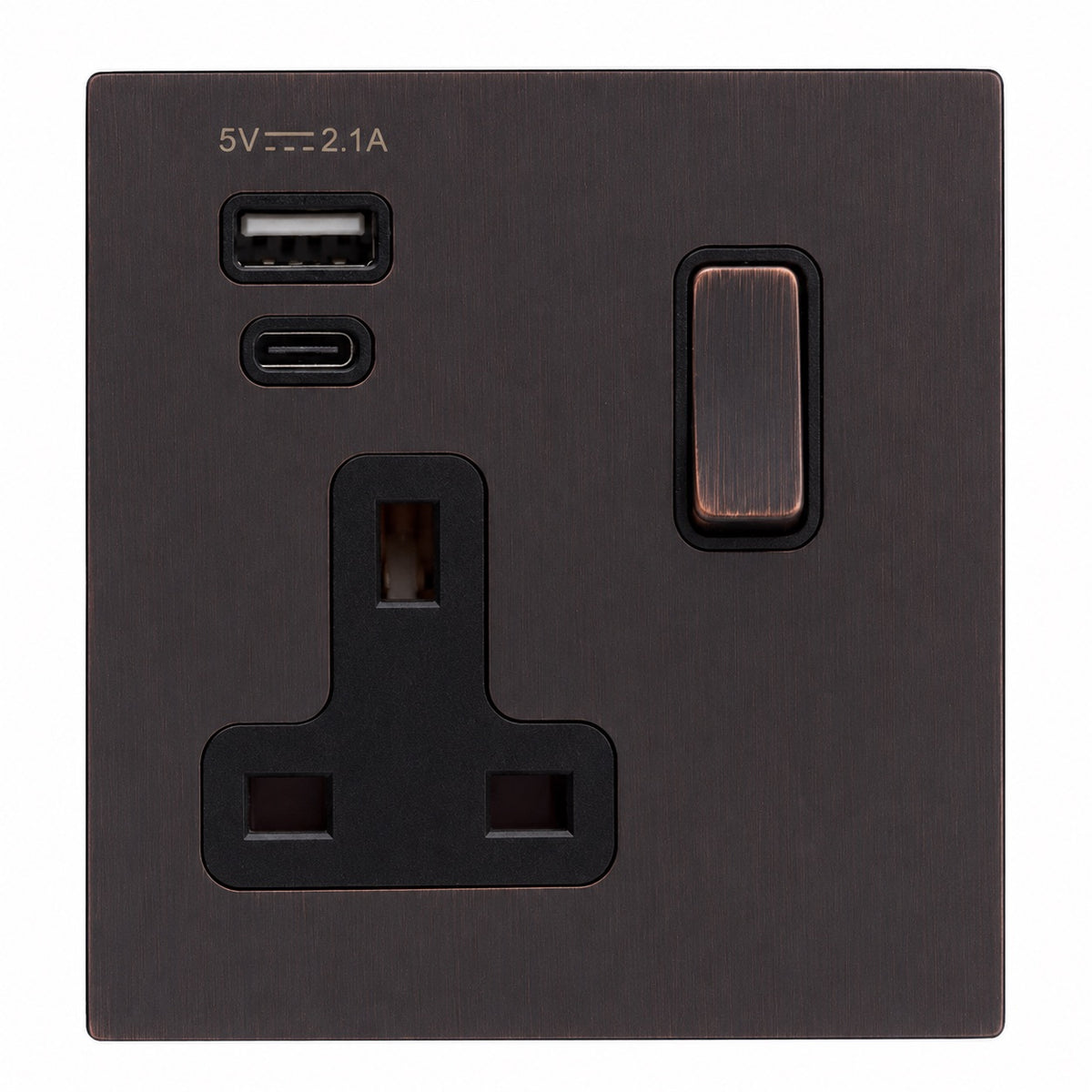 Hamilton 7EBCSS1USBA+CEB-B Hartland CFX Etrium Bronze 1 gang 13A Single Pole Switched Socket with USB Outlets Types A+C Total 2.1A Etrium Bronze/Black
