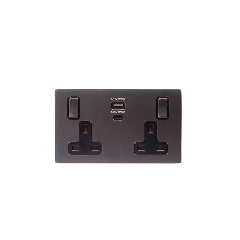 Hamilton 7EBCSS2USBPDEB-B Hartland CFX Etrium Bronze 2 gang 13A Single Pole Switched Socket with 45W Type A&C Quick Charge and Power Delivery Etrium Bronze/Black