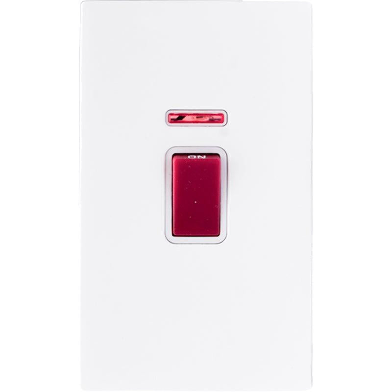 Hamilton 7MWC45VW Hartland CFX Matt White 1 gang 45A Double Pole Rocker and Neon (Vertically Mounted) Red/White
