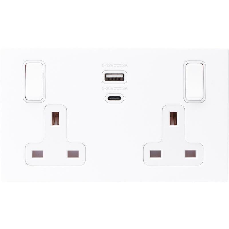 Hamilton 7MWCSS2USBPDWH-W Hartland CFX Matt White 2 gang 13A Single Pole Switched Socket with 45W Type A&C Quick Charge and Power Delivery Matt White/White