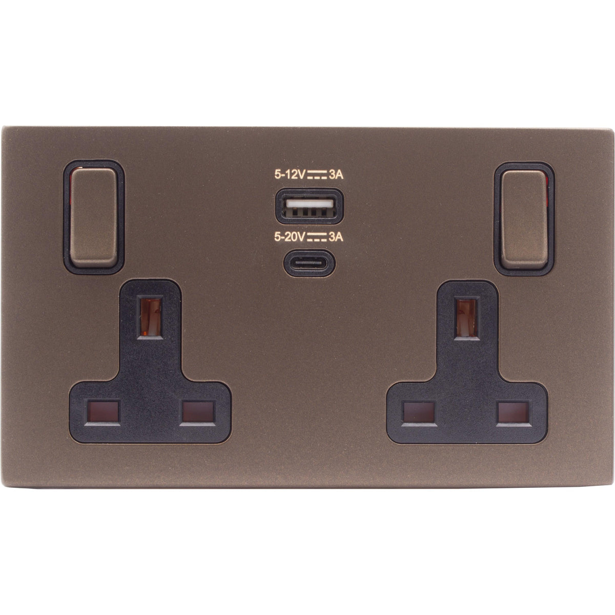 Hamilton 7RBCSS2USBPDRB-B Hartland CFX Richmond Bronze 2 gang 13A Single Pole Switched Socket with 45W Type A&C Quick Charge and Power Delivery Richmond Bronze/Black