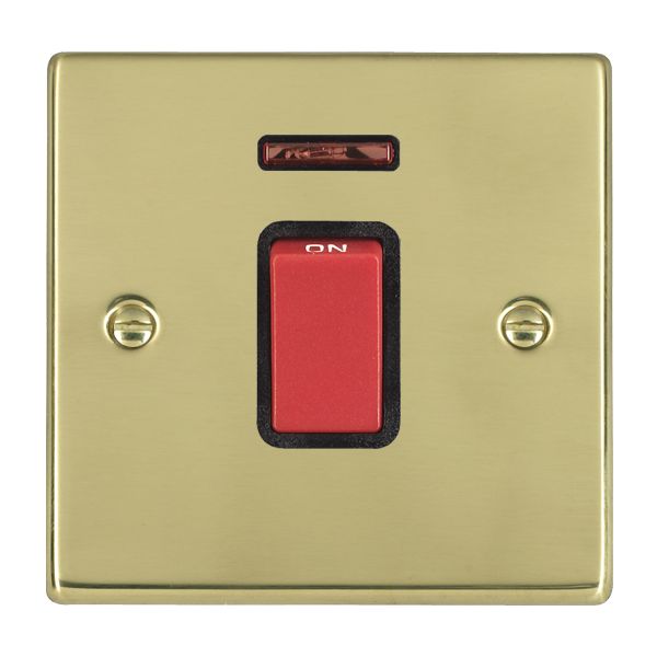Hartland 7145NB 1 gang 45A Double Pole Red Rocker + Neon Polished Brass with Red/Black Inserts