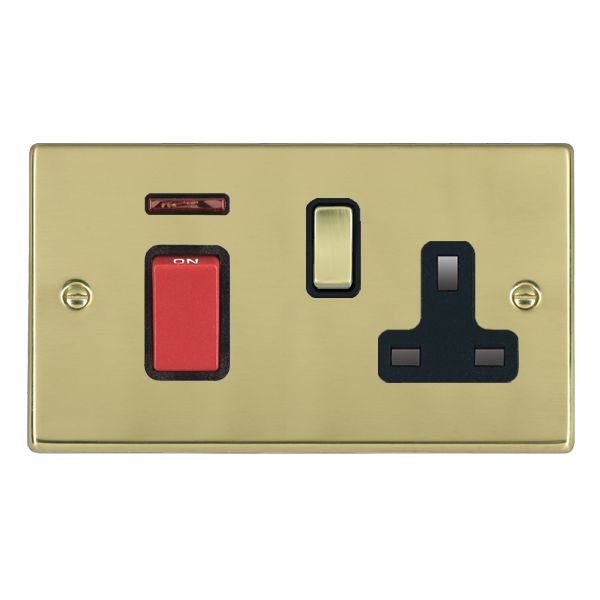Hartland 7145SS1PB-B 45A Double Pole Red Rocker + Neon + 13A Switched Socket Polished Brass with Red+Polished Brass/Black Inserts