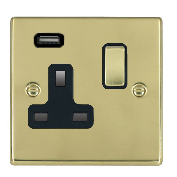 Hartland 71SS1USBPB-B 1 gang 13A Single Pole Switched Socket with 1 USB Outlet 1x2.1A Polished Brass with Polished Brass/Black Inserts