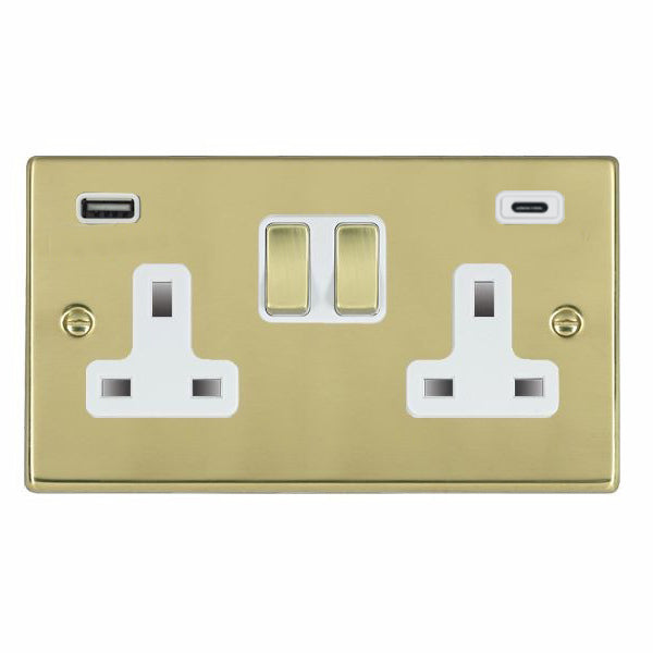 Hartland 71SS2USBCPB-W 2 gang 13A Double Pole Switched Socket with 1 USB Outlet + 1 USB Type C Outlet 2x2.4A (4.8A Total) Polished Brass with Polished Brass/White Inserts