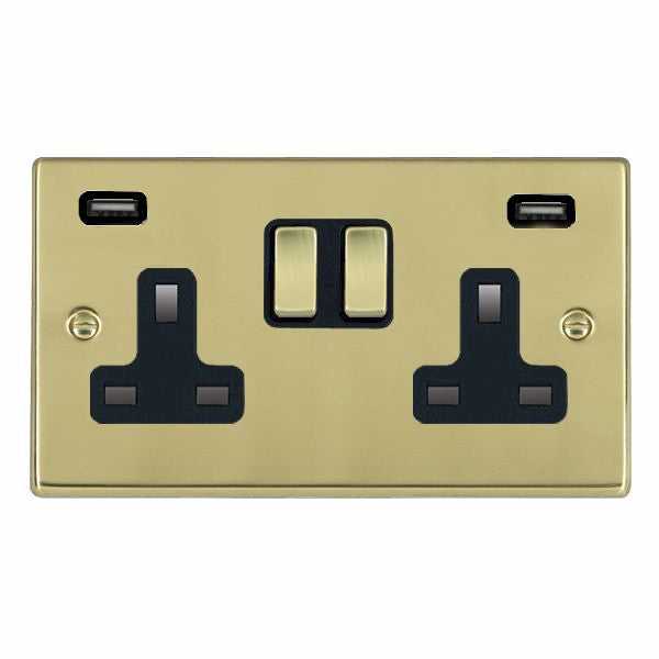 Hartland 71SS2USBULTPB-B 2 gang 13A Double Pole Switched Socket with 2 USB Outlets 2x2.4A (4.8A Total) Polished Brass with Polished Brass/Black Inserts
