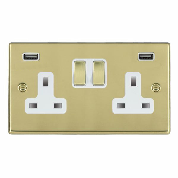 Hartland 71SS2USBULTPB-W 2 gang 13A Double Pole Switched Socket with 2 USB Outlets 2x2.4A (4.8A Total) Polished Brass with Polished Brass/White Inserts