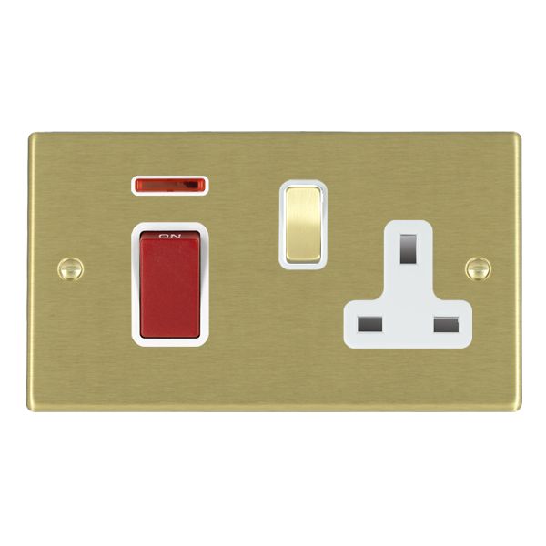 Hartland 7245SS1SB-W 45A Double Pole Red Rocker + Neon + 13A Switched Socket Satin Brass with Red+Satin Brass/White Inserts
