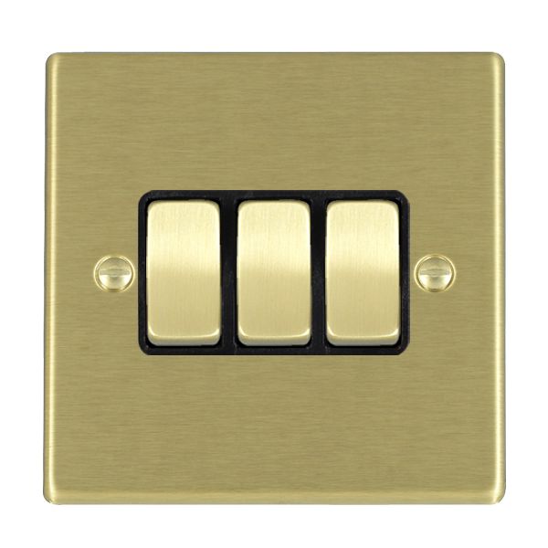 Hartland 72R23SB-B 3 gang 10AX 2 Way Rocker Satin Brass with Satin Brass/Black Inserts