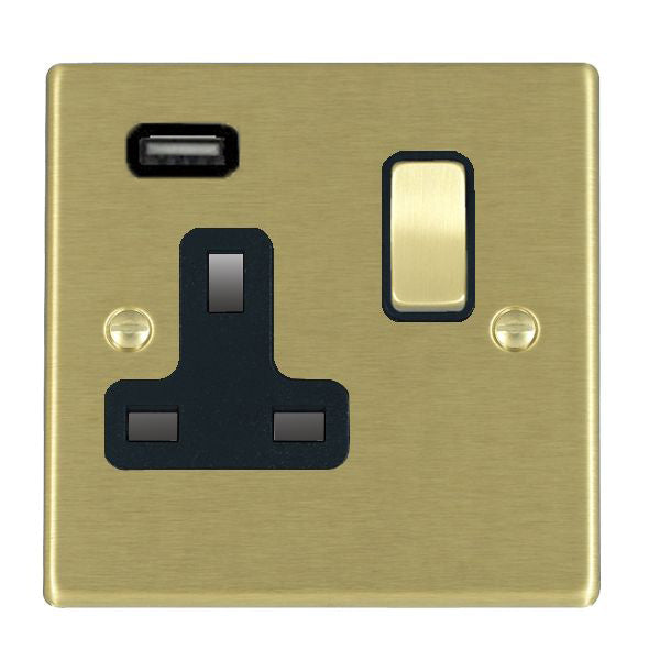 Hartland 72SS1USBSB-B 1 gang 13A Single Pole Switched Socket with 1 USB Outlet 1x2.1A Satin Brass with Satin Brass/Black Inserts