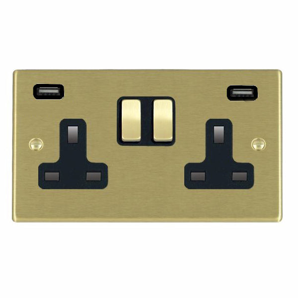 Hartland 72SS2USBULTSB-B 2 gang 13A Double Pole Switched Socket with 2 USB Outlets 2x2.4A (4.8A Total) Satin Brass with Satin Brass/Black Inserts