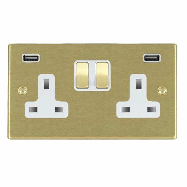 Hartland 72SS2USBULTSB-W 2 gang 13A Double Pole Switched Socket with 2 USB Outlets 2x2.4A (4.8A Total) Satin Brass with Satin Brass/White Inserts