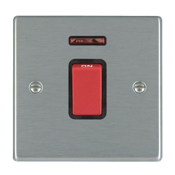 Hartland 7445NB 1 gang 45A Double Pole Red Rocker + Neon Satin Steel with Red/Black Inserts