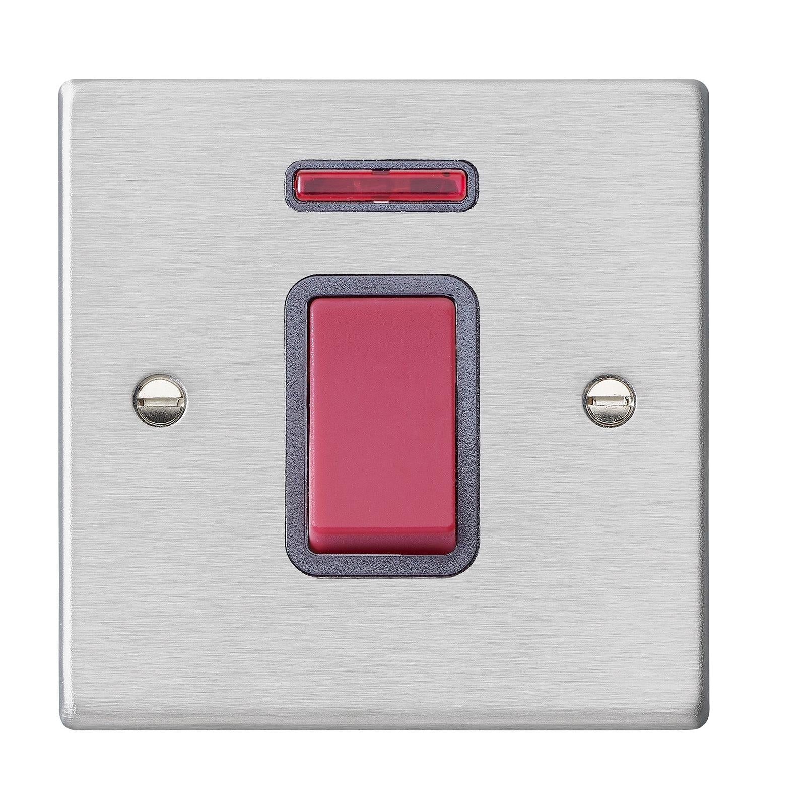 Hartland 7445NQG 1 gang 45A Double Pole Red Rocker + Neon Satin Steel with Red/Quartz Grey Inserts
