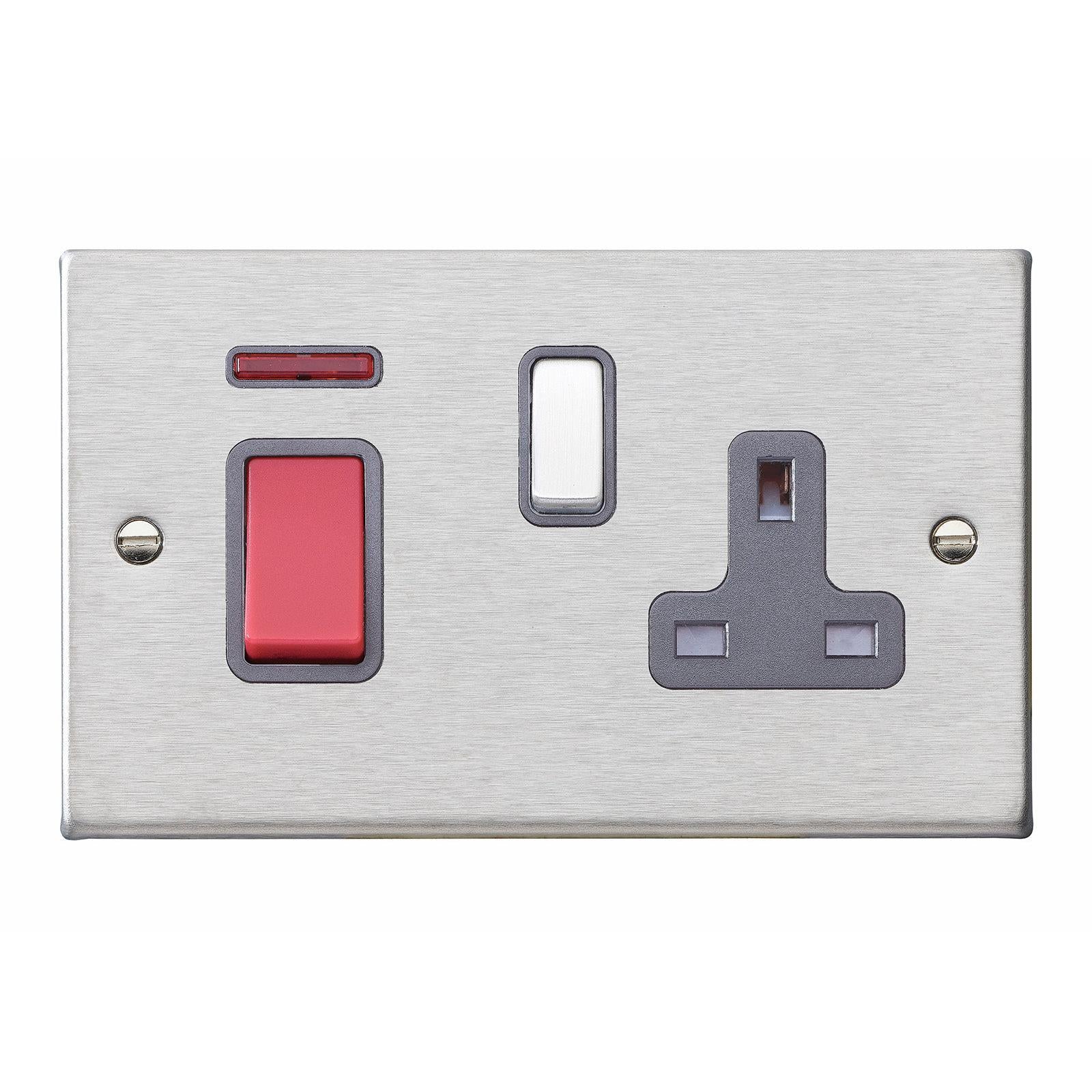 Hartland 7445SS1SS-QG 45A Double Pole Red Rocker + Neon + 13A Switched Socket Satin Steel with Red+Satin Steel/Quartz Grey Inserts
