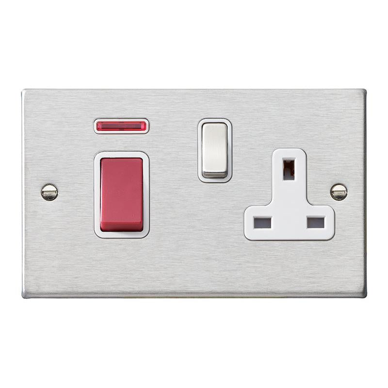 Hartland 7445SS1SS-W 45A Double Pole Red Rocker + Neon + 13A Switched Socket Satin Steel with Red+Satin Steel/White Inserts