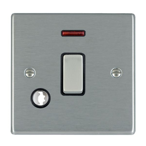 Hartland 74DPNCSS-B 1 gang 20AX Double Pole Rocker + Neon + Cable Outlet Satin Steel with Satin Steel/Black Inserts