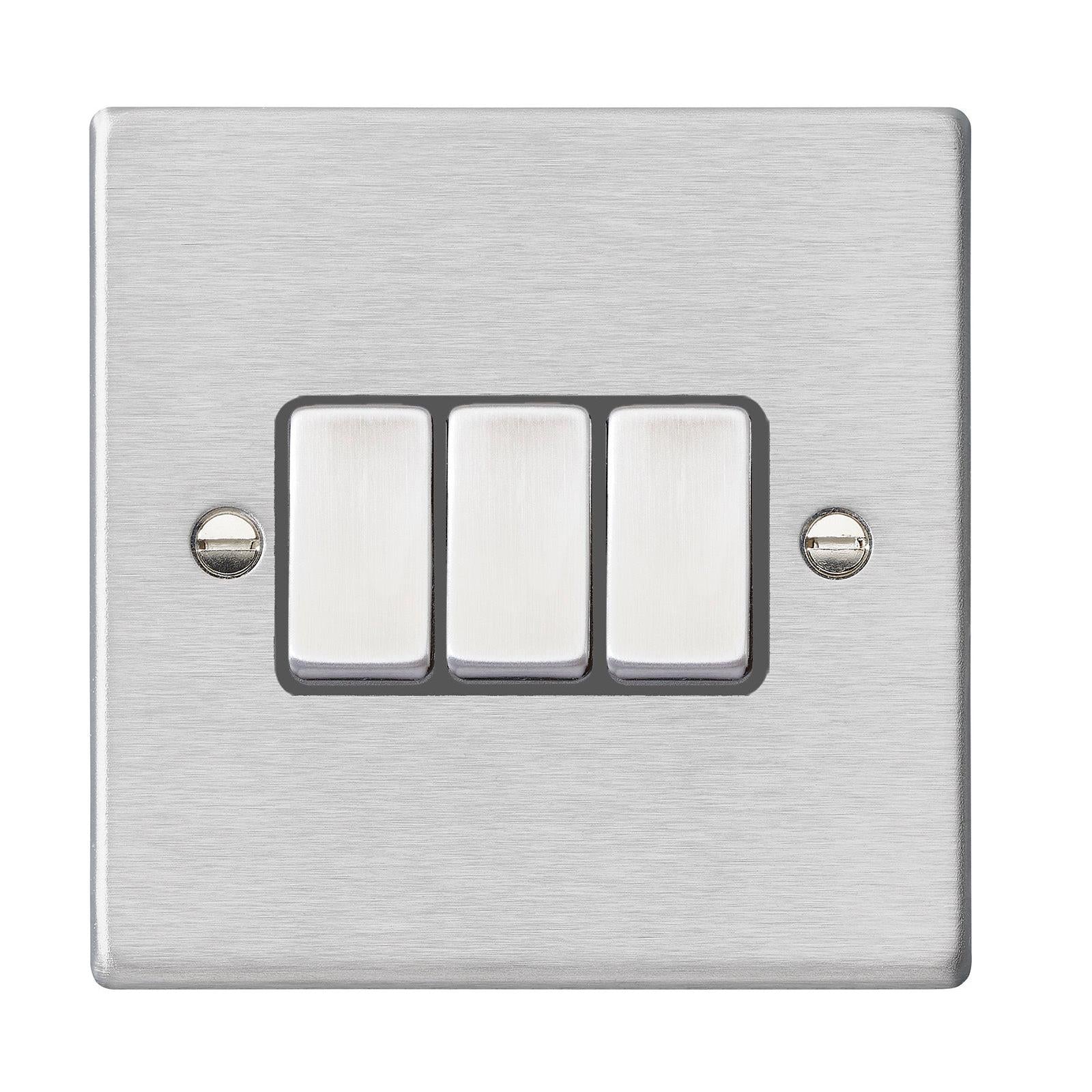 Hartland 74R23SS-QG 3 gang 10AX 2 Way Rocker Satin Steel with Satin Steel/Quartz Grey Inserts