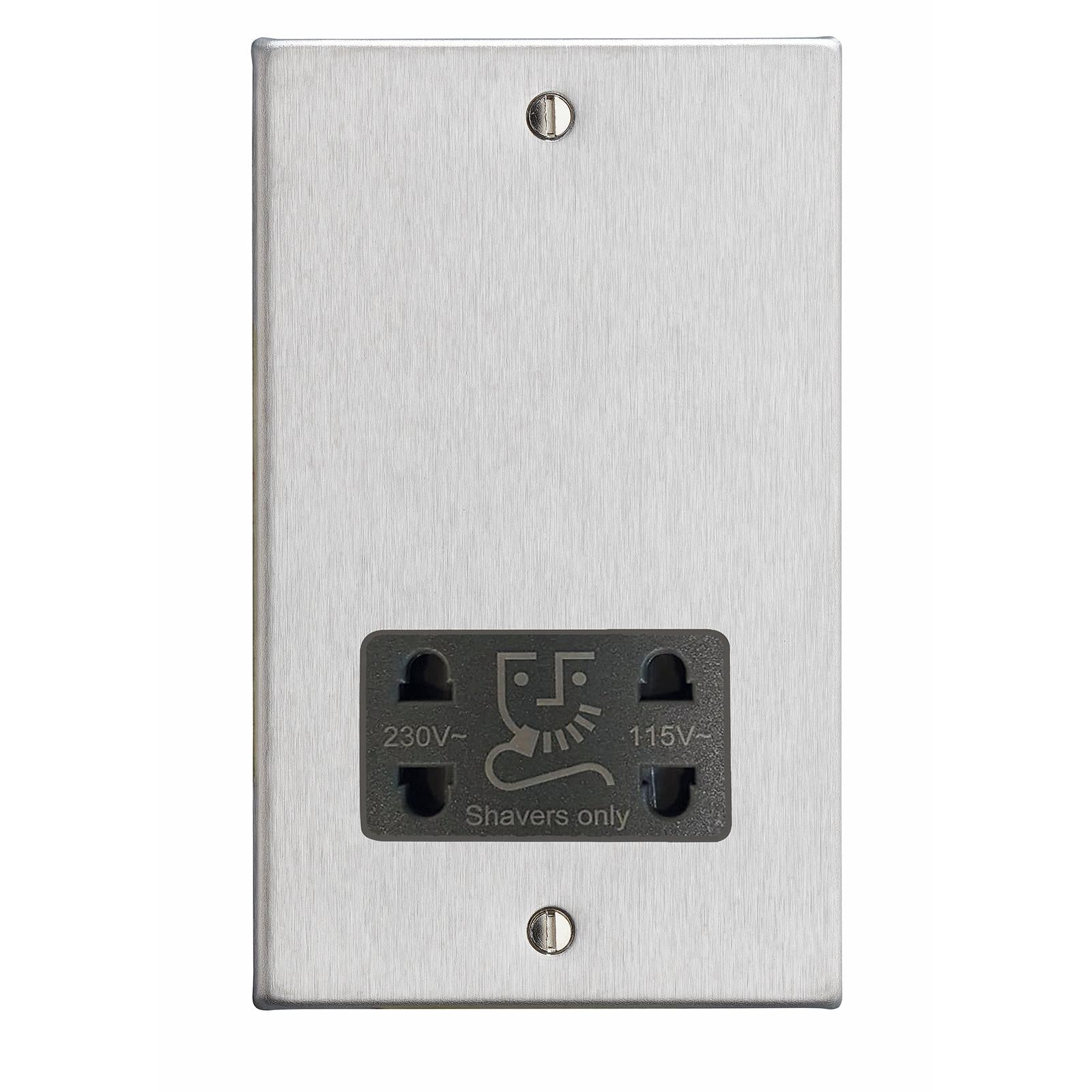 Hartland 74SHSQG Shaver Dual Voltage Unswitched Socket (Vertically Mounted) Satin Steel with Quartz Grey Inserts