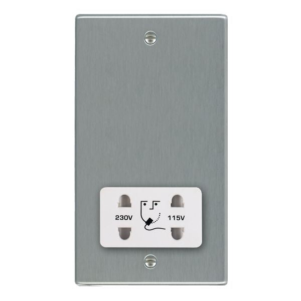Hartland 74SHSW Shaver Dual Voltage Unswitched Socket (Vertically Mounted) Satin Steel with White Inserts